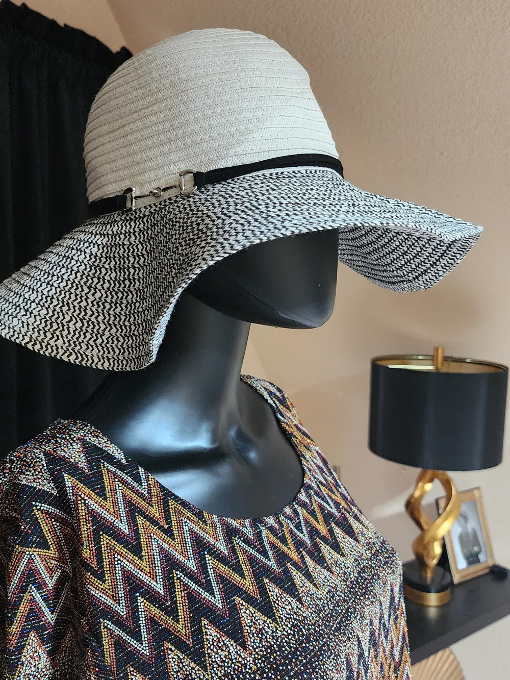 Wide Brim Black White Straw Sun Hat Equestrian Bit Detail Floppy Hat S/M